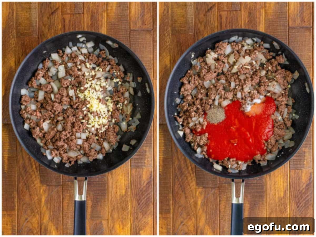 Creamy Baked Noodle Delight 5 A collage of two photos showing the process: ground beef, garlic, and onions cooking in a black skillet; and tomato sauce, salt, and pepper added to the beef mixture.