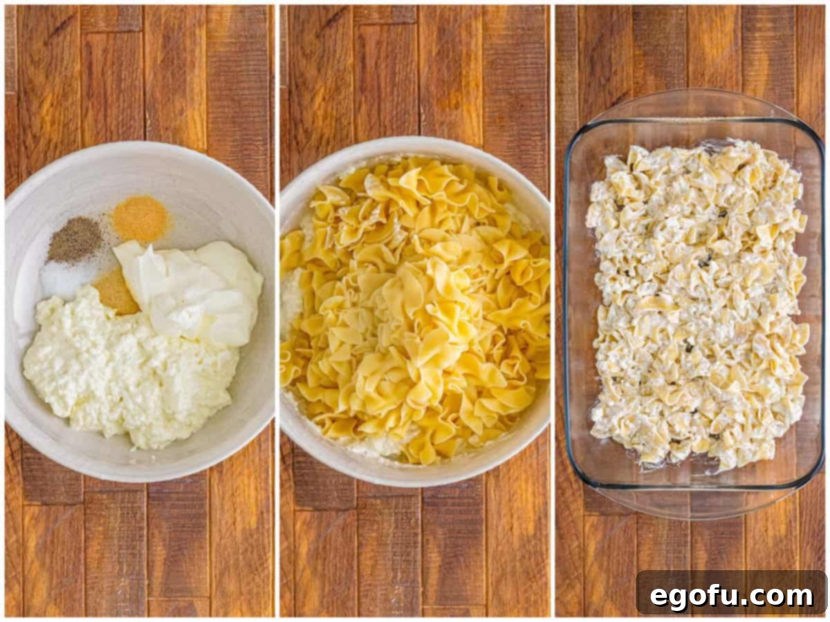 Creamy Baked Noodle Delight 6 A collage of three photos illustrating recipe steps: a mixing bowl with cottage cheese, sour cream, and seasonings; egg noodles being added to the mixture; and the coated noodle mixture forming the first layer in a baking dish.