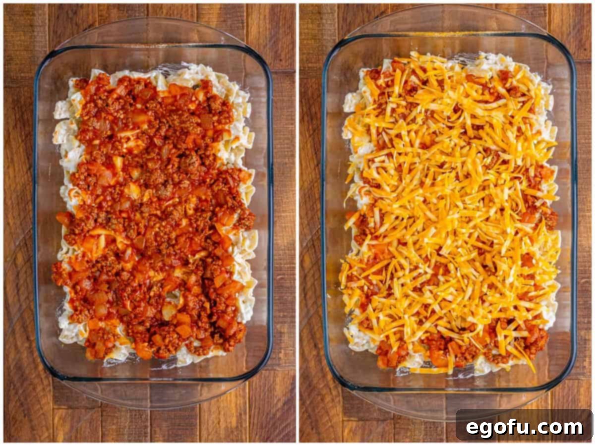 Creamy Baked Noodle Delight 7 A collage of two photos showing casserole assembly: a layer of ground beef and sauce spread over the sour cream noodle mixture; and shredded cheese topping the tomato sauce layer in a baking dish.