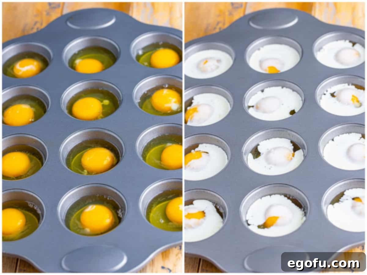 A two-part image showing the preparation of baked eggs: first, individual eggs cracked into a muffin tin, and second, heavy cream being poured over each egg in the tin.