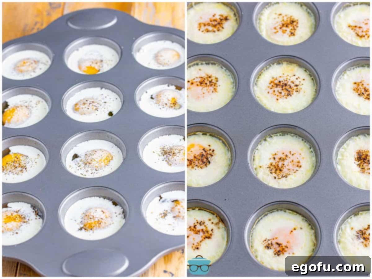 A two-part image displaying the final steps: salt and pepper are sprinkled onto the eggs in a muffin tin, followed by a photo of the fully baked, golden eggs still in the muffin tin.