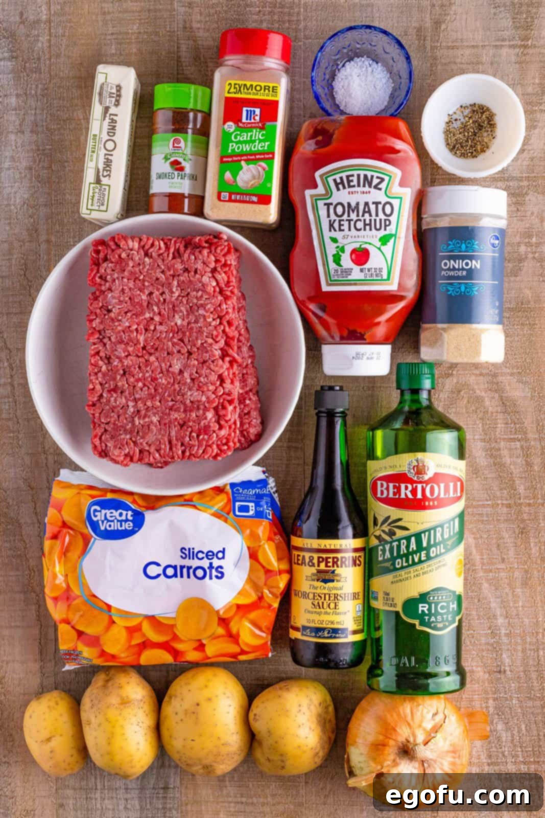 Ground beef, ketchup, Worcestershire sauce, onion powder, garlic powder, kosher salt, smoked paprika, black pepper, water, Yukon gold potatoes, frozen sliced carrots, olive oil, and butter.