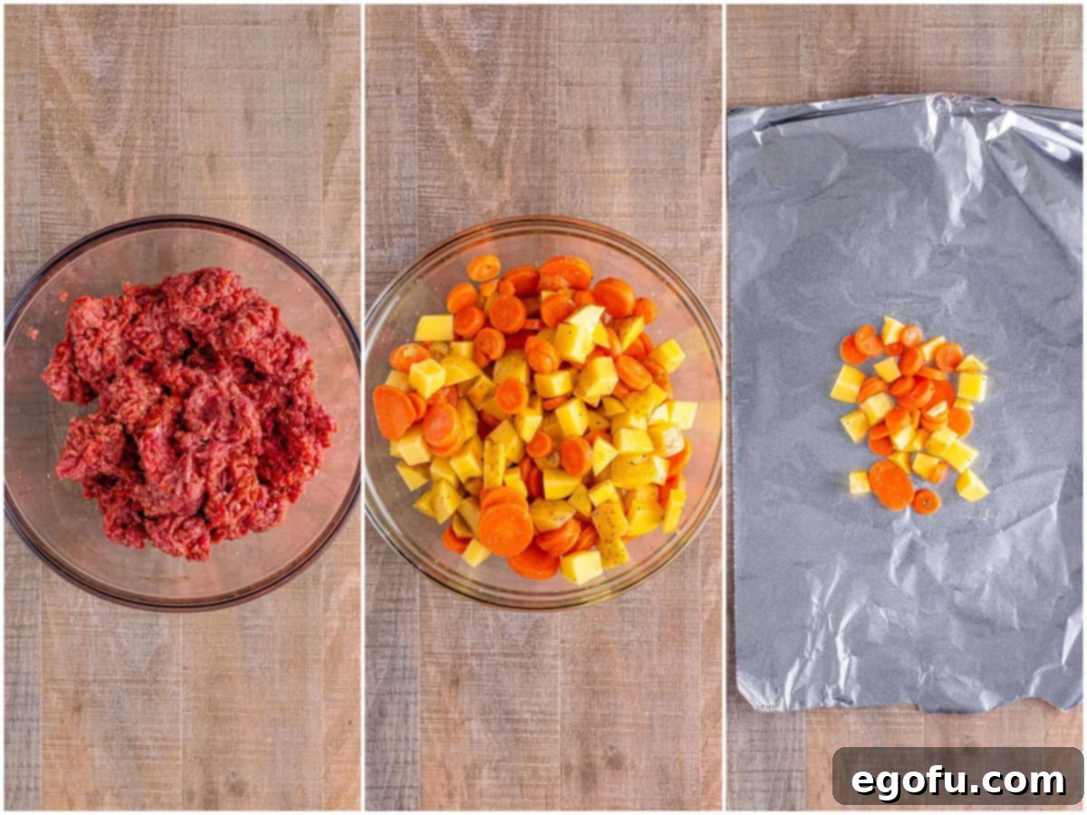 collage of three photos: a mixing bowl with ground beef mixed with spices, a clear bowl with carrots, potatoes and spices and aluminum foil topped with potato, carrot mixture.