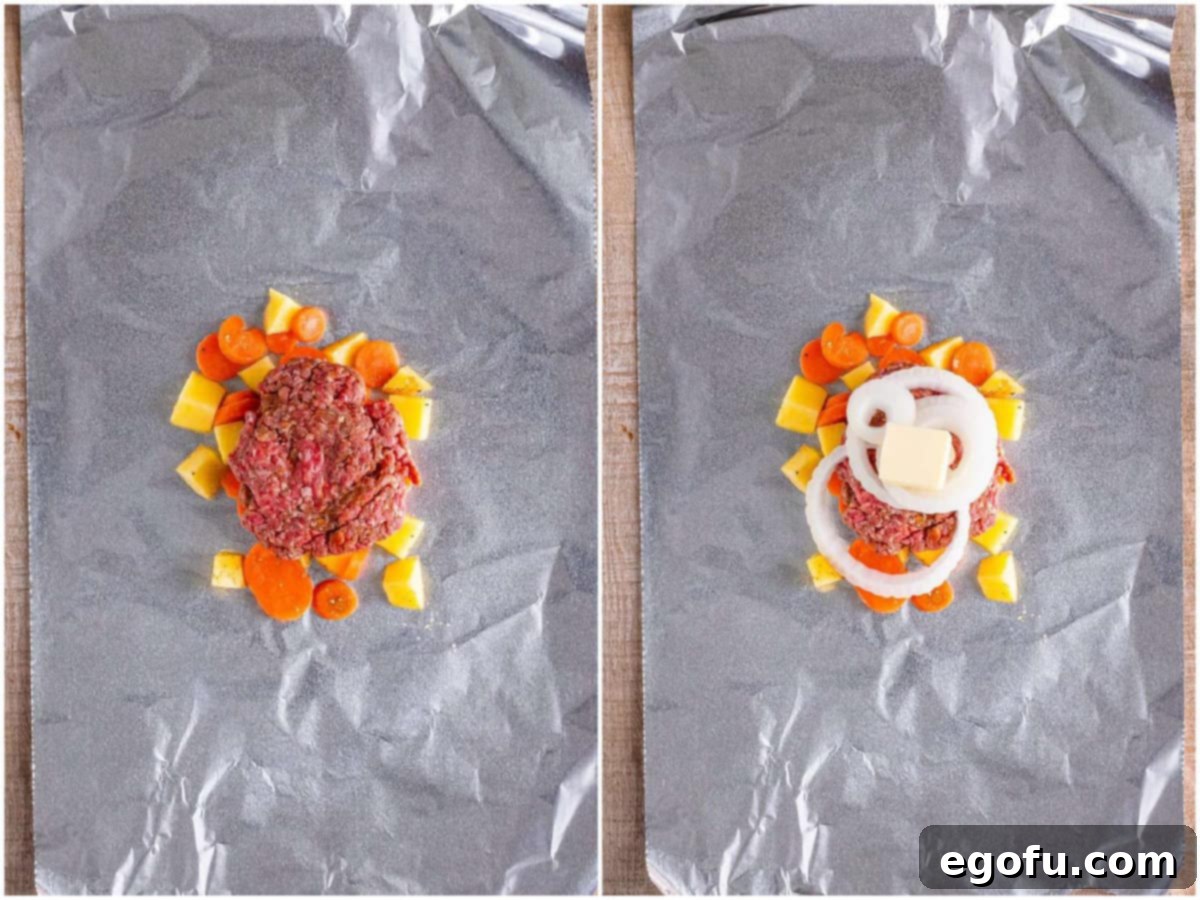 collage of two photos: piece of aluminum foil with potato carrot mixture and ground beef burger mixture on top and a piece of foil with vegetable mixture, a burger patty, butter and onion slices.