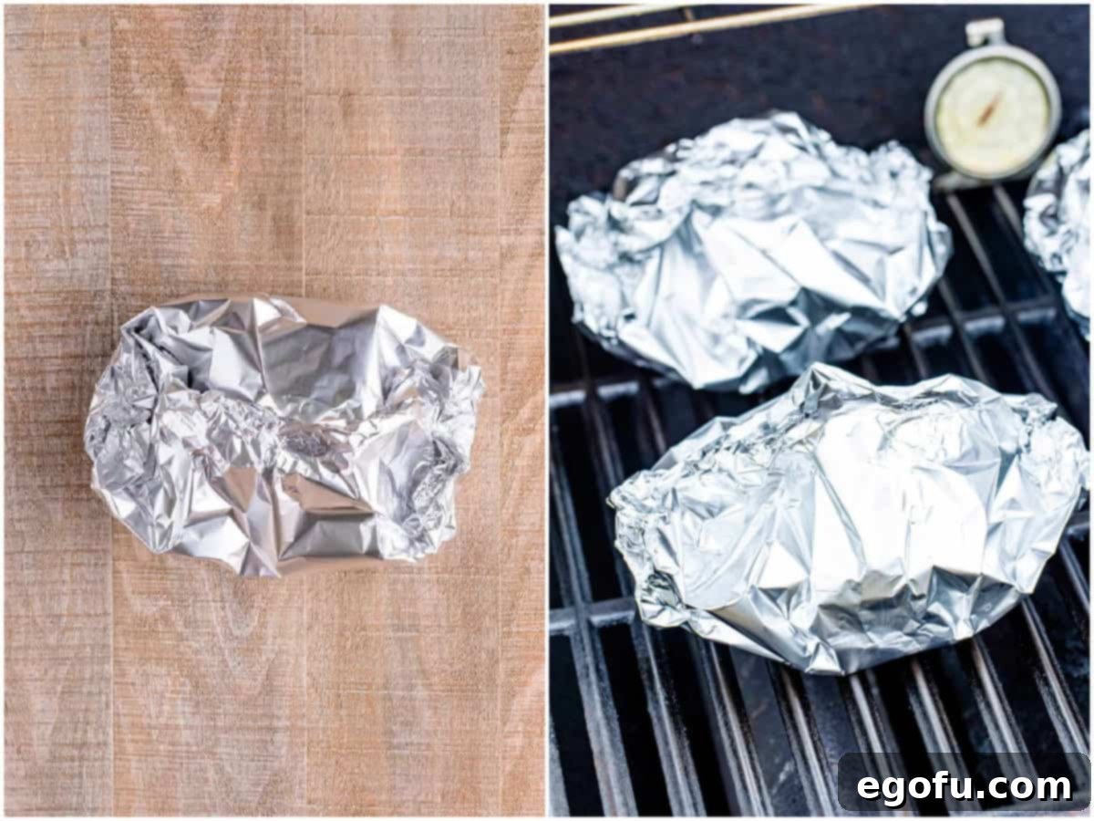 a collage of two photos: a cinched up Hamburger Hobo Packet in foil, two hobo packets shown on a gas grill. 