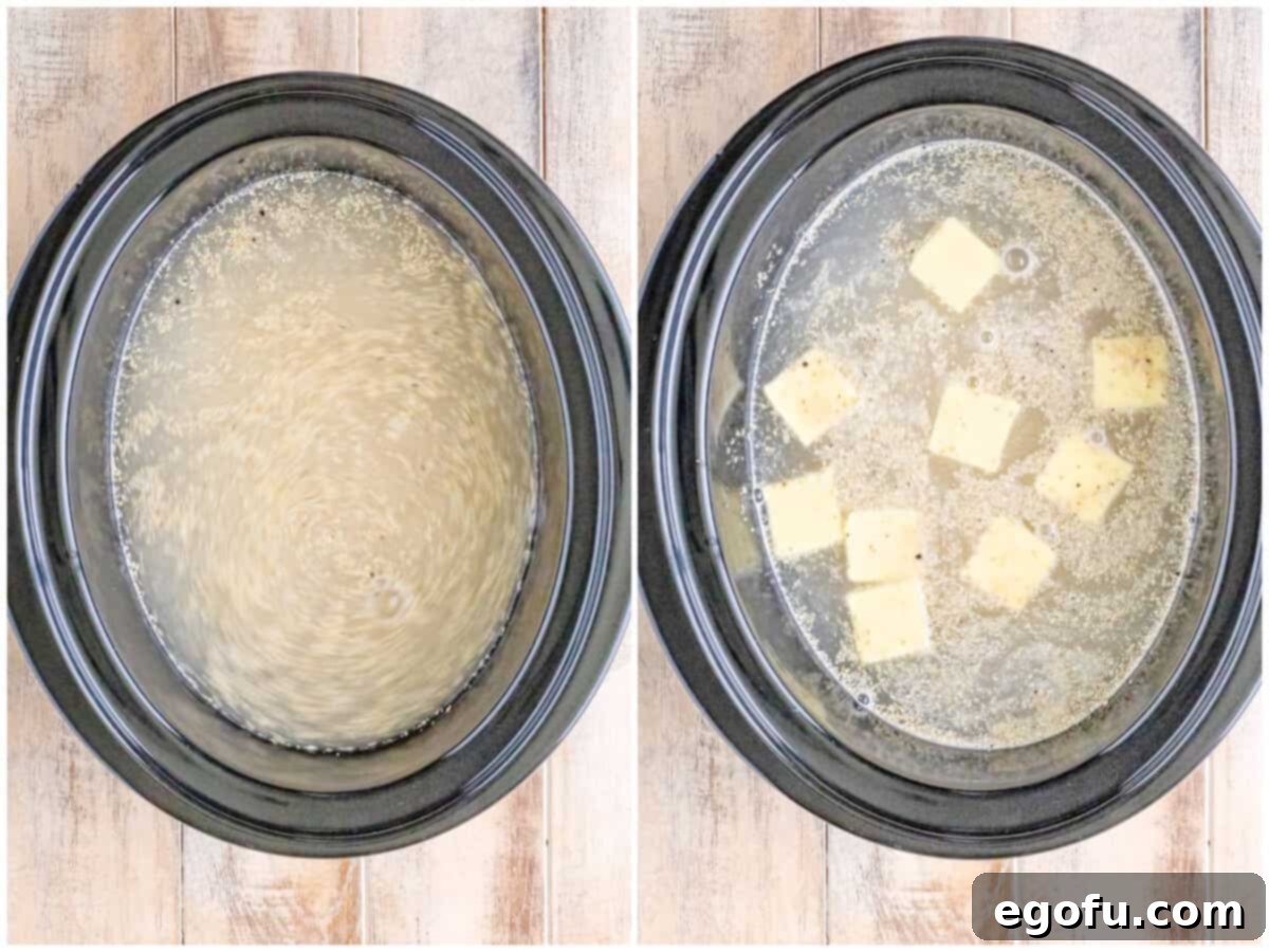 A collage of two photos: uncooked grits, water, salt, and black pepper in a crock pot, and pats of butter added on top of the grits in the slow cooker.