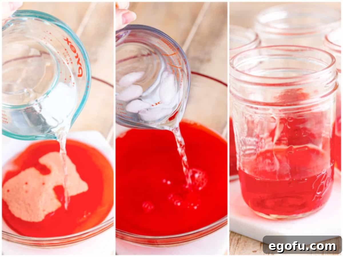 a collage of three photos: glass measuring cup pouring water in a mixing bowl, ice water being poured into jell-o mixture and jell-o mixture poured into the bottom of small mason jars.