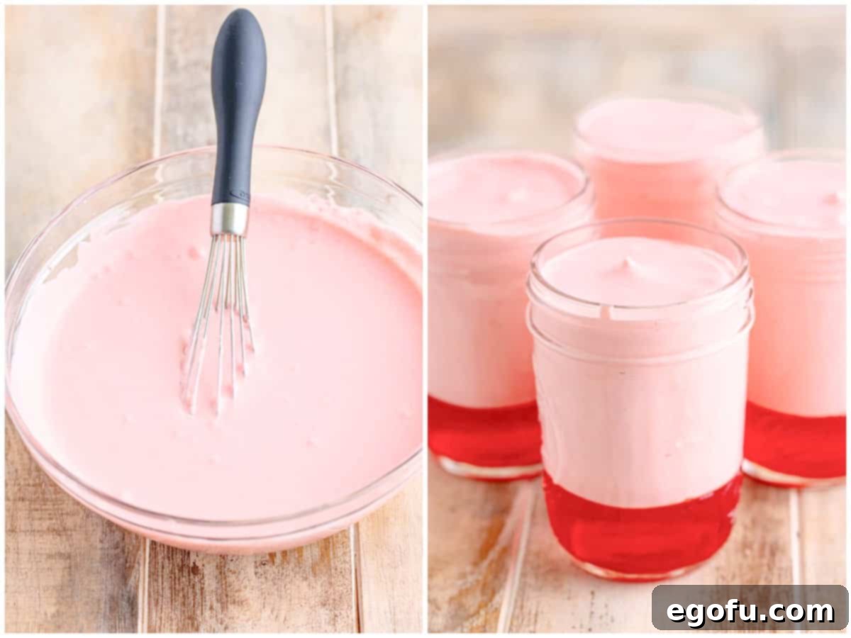 a collage of two photos: a mixing bowl of freshly whisked strawberry Jell-O and whip cream, four mason jars with strawberry Jell-O and a strawberry Jell-O whipped cream mixture on top.