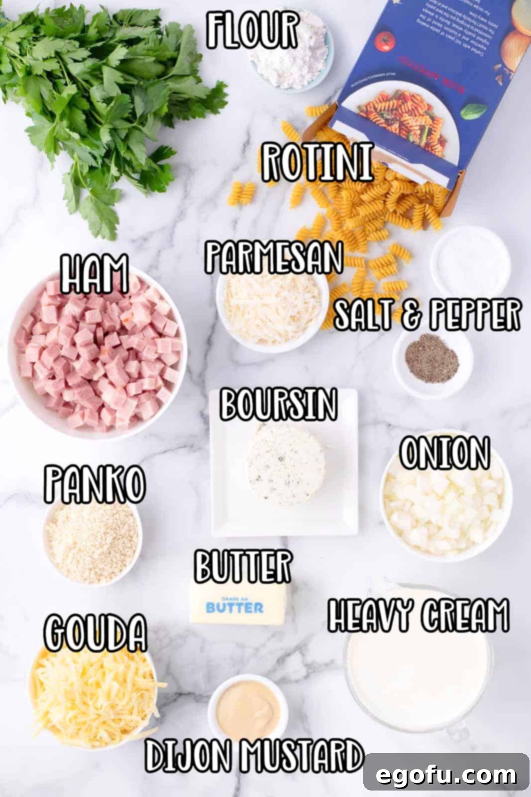 A flat lay collage showing all the ingredients for Ham and Cheese Casserole: diced ham, rotini pasta, butter, panko bread crumbs, salt, pepper, onion, flour, dijon mustard, Boursin cheese, gouda cheese, heavy cream, and parsley.