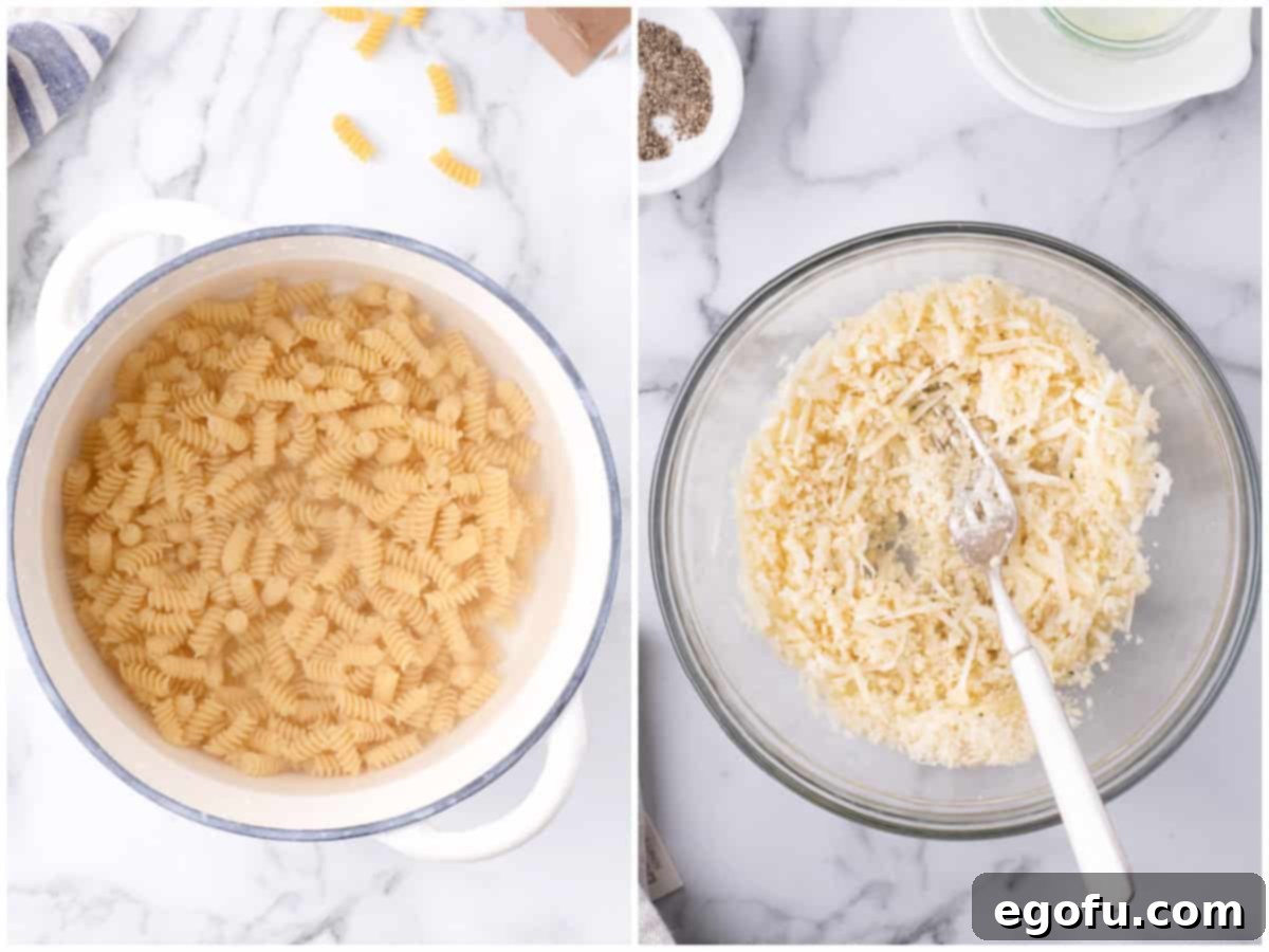 A collage of two photos: cooked rotini pasta in water in a pot and a clear bowl with panko breadcrumbs, parmesan cheese, and a fork, ready for mixing.