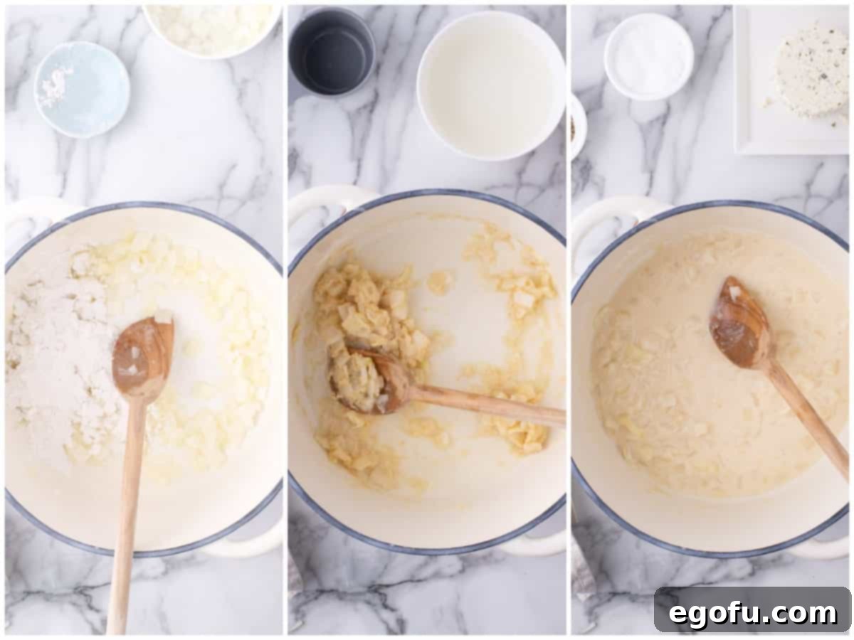 A collage of three photos: flour, onions, and butter in a pot; the thickened flour mixture in the pot; and pasta water and dijon mustard being added to the pot, illustrating the sauce-making process.