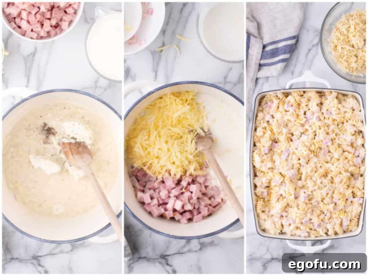 A collage of three photos showing the casserole assembly: Boursin cheese, salt, and pepper being added to the cheese and onion sauce; diced ham and gouda cheese added to the sauce; and the pasta with sauce being added to a baking dish.