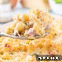 A close-up of a spoonful of ham and cheese casserole over the baking dish, ready to be served.