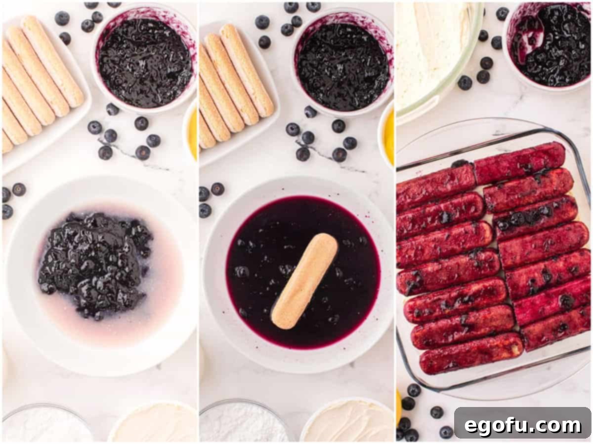 A collage showing the process of making lemon blueberry tiramisu: a shallow mixing bowl with blueberry preserves and lemon juice, a lady finger being dipped, and a baking dish with blueberry preserve soaked lady fingers.