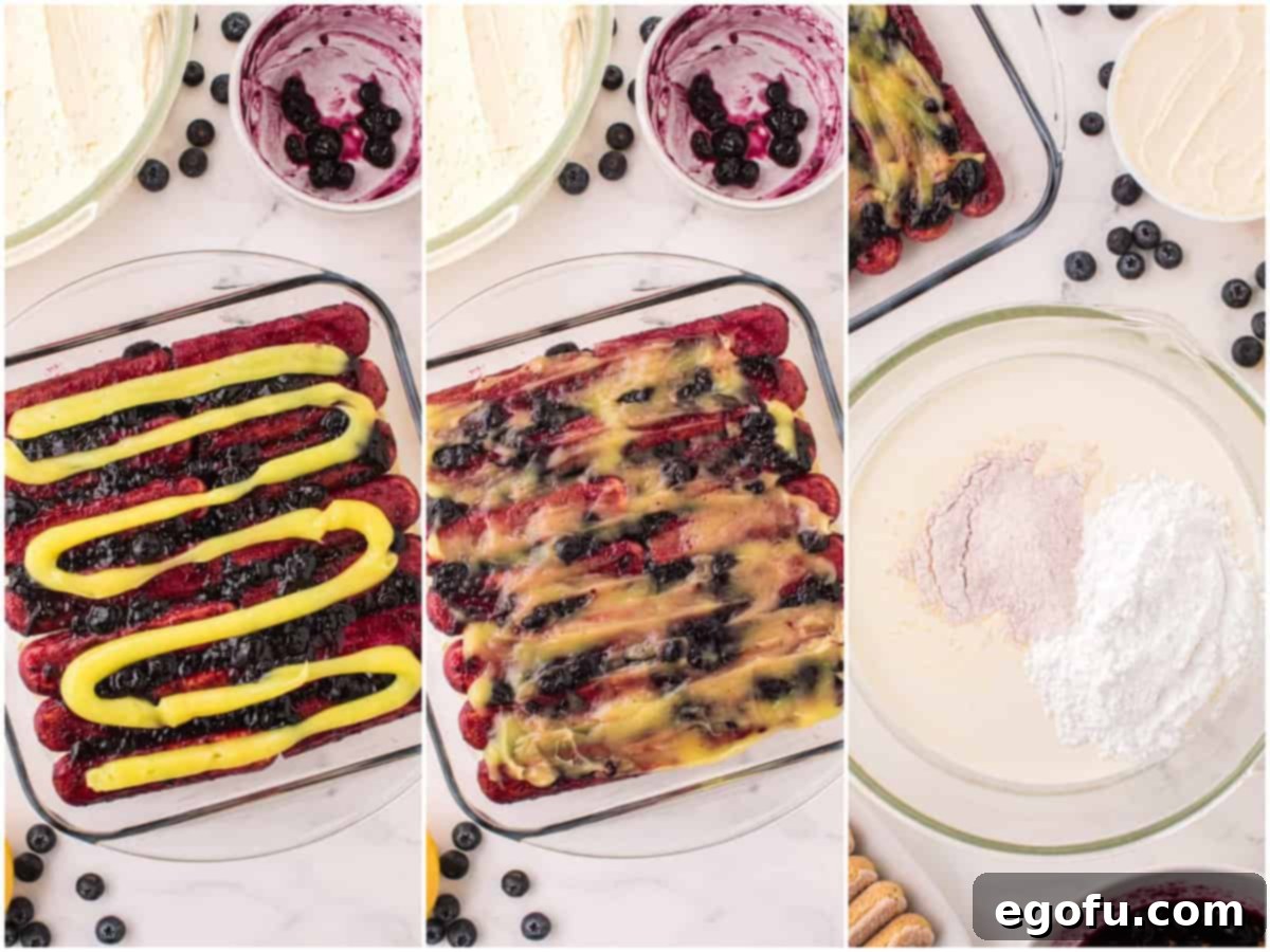 A collage illustrating tiramisu preparation: lemon curd spread over a layer of blueberry soaked lady fingers, close-up of mixed lemon curd and blueberries, and a mixing bowl with heavy cream, powdered sugar, and French vanilla pudding mix.