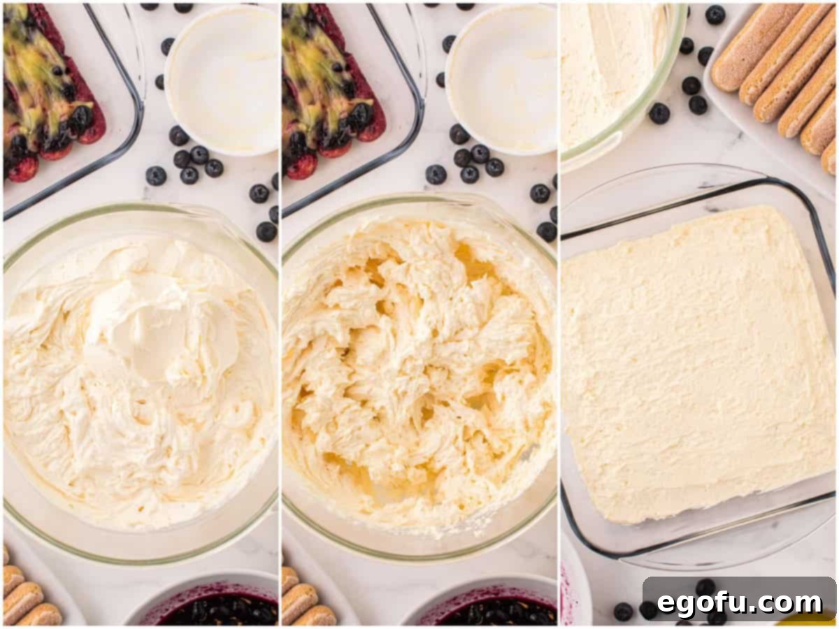 A third collage demonstrating the cream assembly: a mixing bowl of whipped cream mixture, mascarpone cheese being mixed into the whipped cream, and the mascarpone cheese mixture spread on top of blueberry ladyfingers in a baking dish.