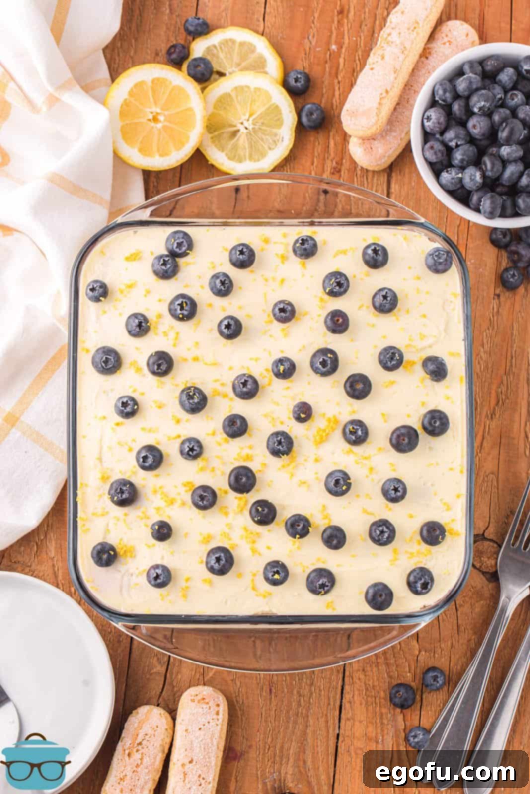 The finished layered lemon blueberry tiramisu, beautifully garnished with fresh blueberries on top, ready for chilling.