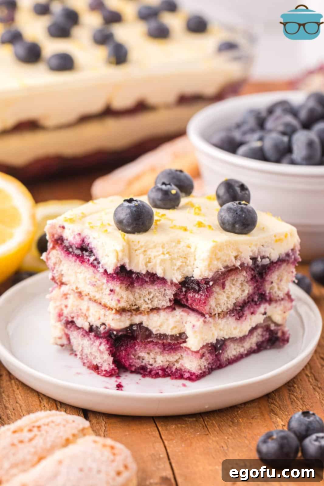 A perfectly sliced piece of Lemon Blueberry Tiramisu on a white plate, garnished with fresh fruit and lemon zest.