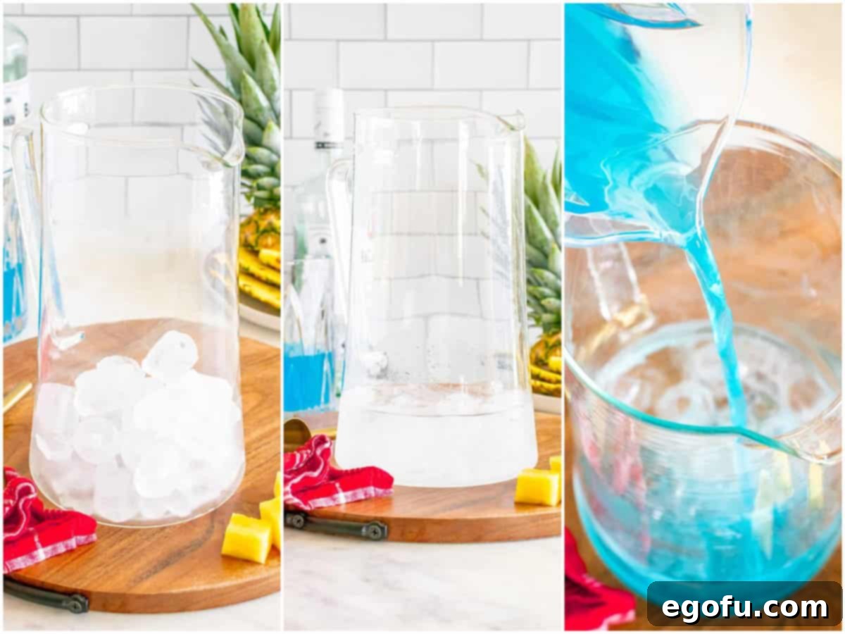 A collage of three photos demonstrating the first steps of making a Blue Hawaiian: ice cubes in a glass pitcher; white rum added to ice; blue curaçao being poured into the pitcher.