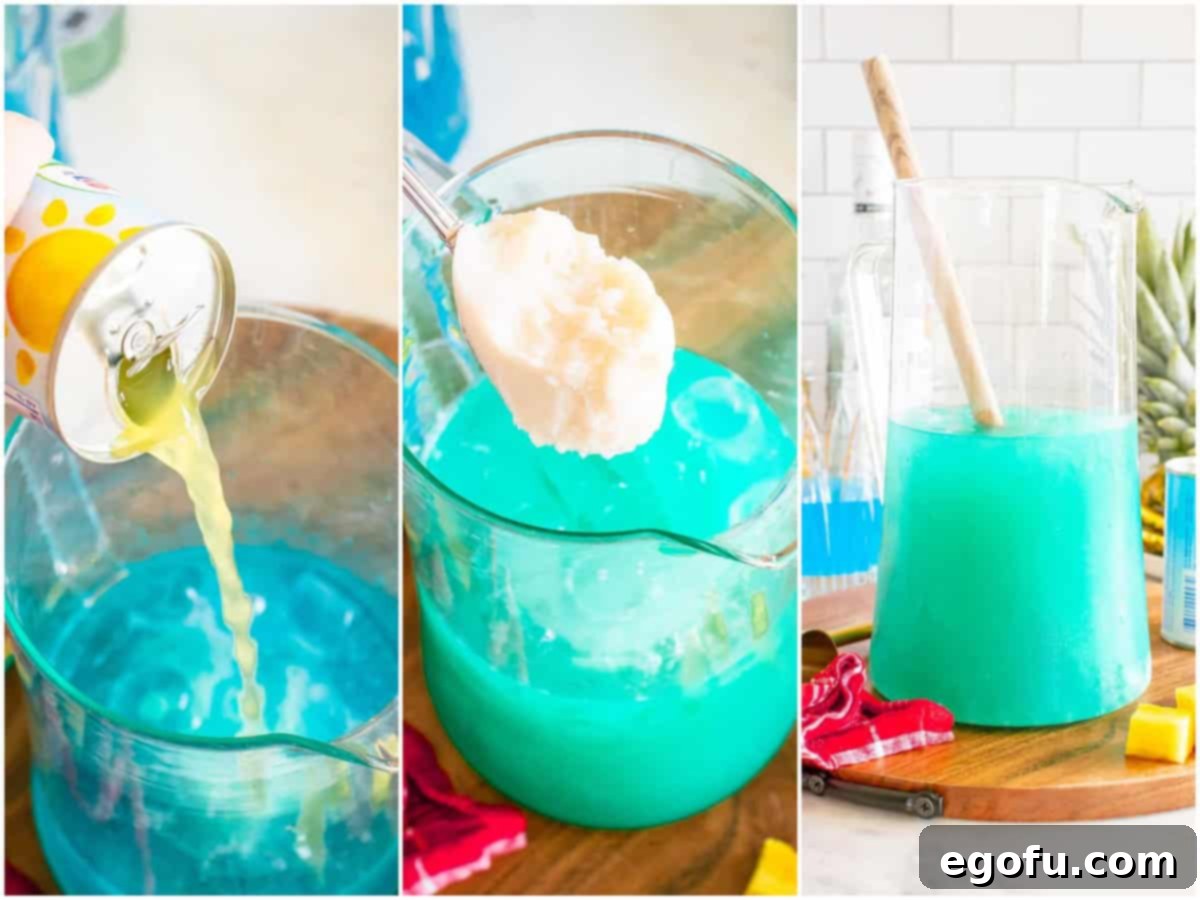 A collage of three photos showing the final mixing steps: pineapple juice being poured into the glass pitcher; a spoonful of cream of coconut being added; and a wooden spoon stirring the ingredients.