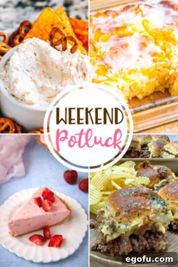 Dreamy Strawberry Cream Cheese Pie for Weekend Sharing 2 A vibrant collage featuring the most popular Weekend Potluck recipes: Strawberry Cream Cheese Pie, savory Ground Beef Sliders, creamy Ranch Beer Cheese Dip, and warm Peaches and Cream Butter Swim Biscuits, ready to inspire your next meal.