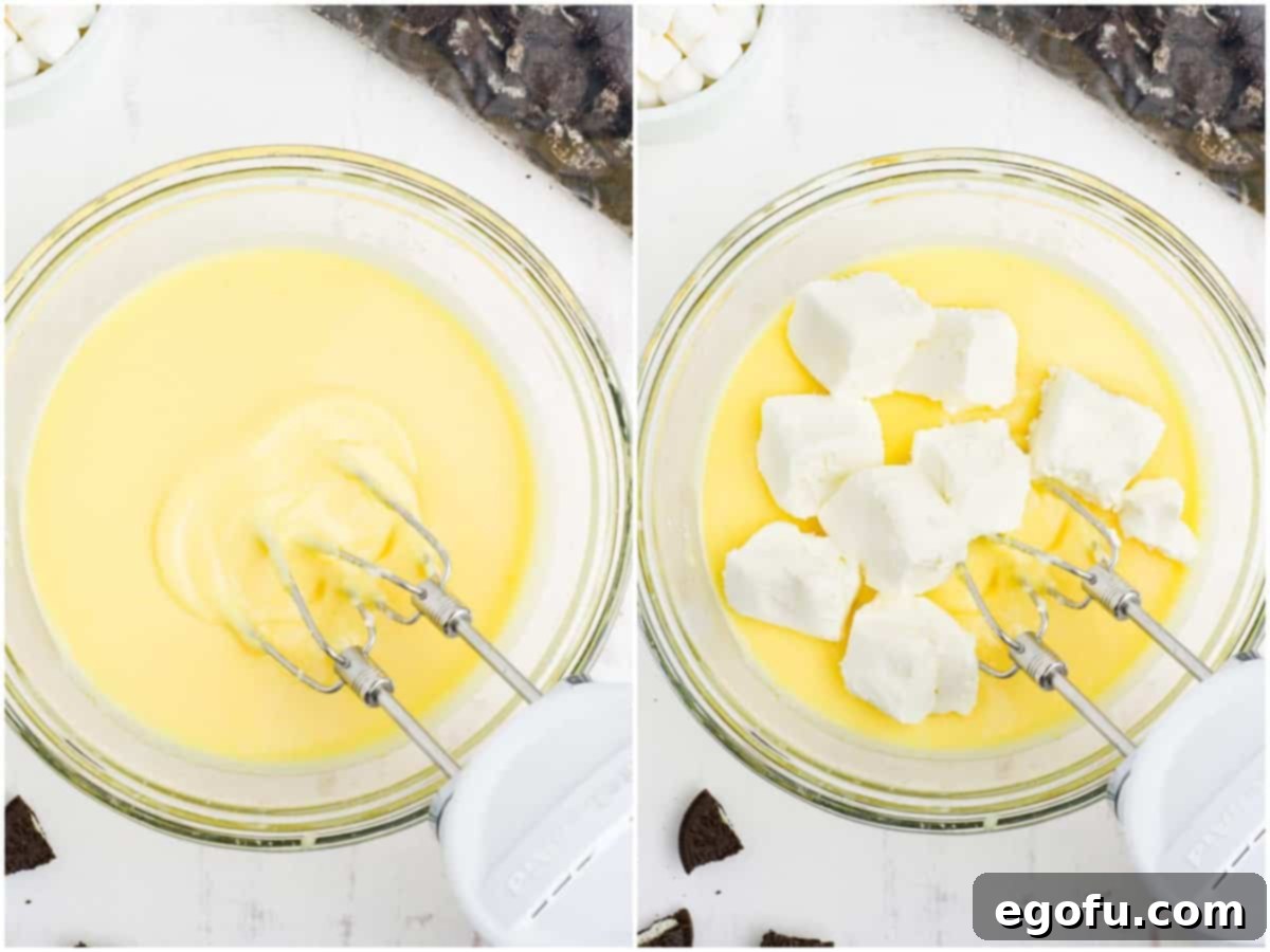 A collage showing two steps: first, instant vanilla pudding and milk being mixed; second, softened cream cheese being added to the pudding mixture.