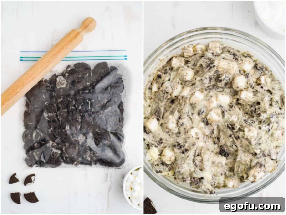 A collage showing two steps: first, Oreos in a Ziploc bag with a rolling pin for crushing; second, crushed Oreos, Cool Whip, and mini marshmallows being stirred into the creamy pudding mixture.