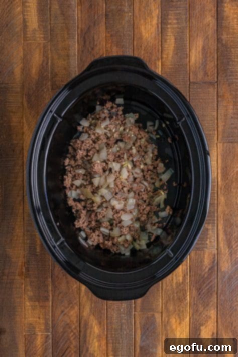Ground beef, onion, and garlic in a Slow Cooker.