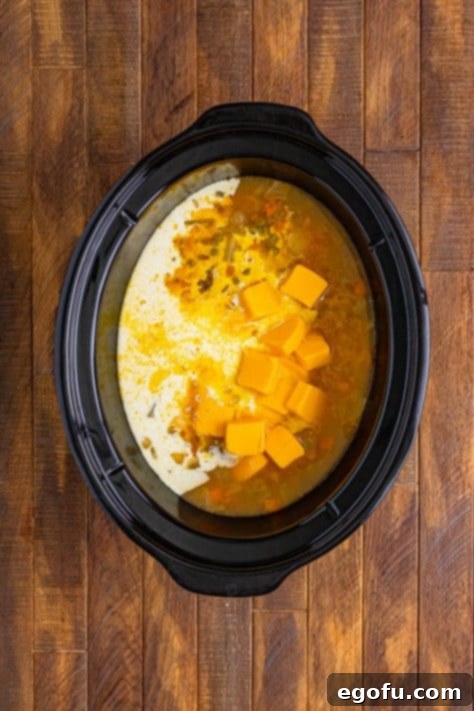 Heavy cream and velvetta on a crockpot of the rest of the soup mixture.