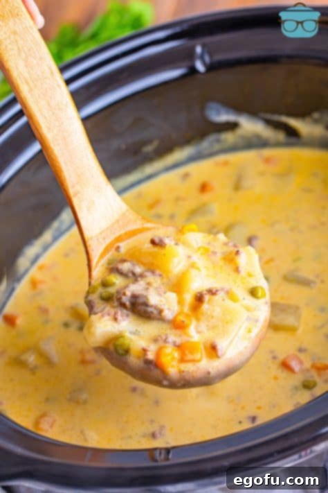 A ladle holding some Hamburger Potato Soup above a Crockpot.