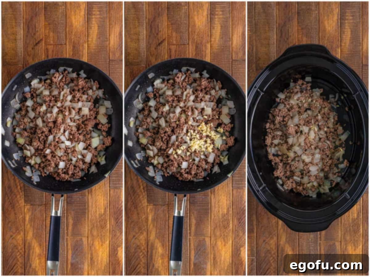 A collage of three photos: a skillet with cooked ground beef and onion; minced garlic added to skillet with ground beef; cooked ground beef mixture added to oval slow cooker.