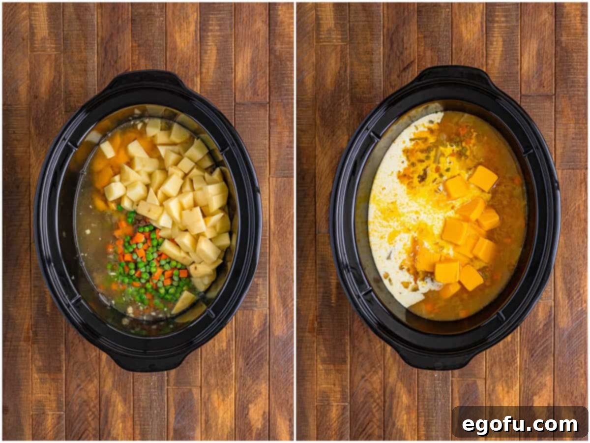 A collage of two photos: Ground beef, garlic, onion, chicken broth, potatoes, peas and carrots, cheddar soup, and pepper in a crockpot; heavy cream and velveeta on a crockpot of the rest of the soup mixture.