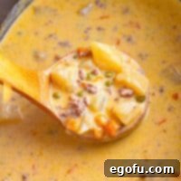 Closley looking at a ladle over a container of Slow Cooker Hamburger Potato Soup.