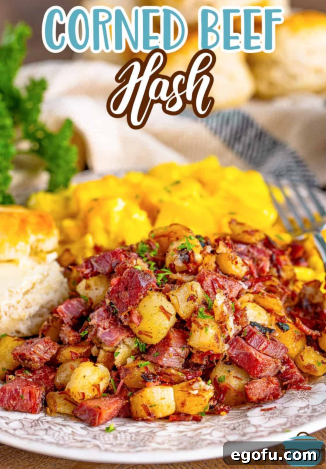 Homemade Corned Beef Hash 3 A plate of corned beef hash with other side dishes.