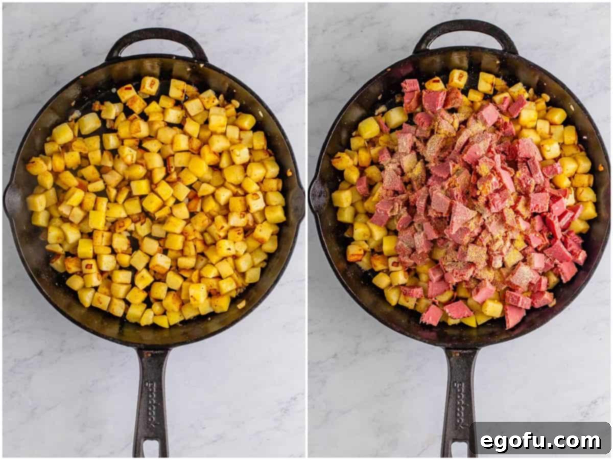 Homemade Corned Beef Hash 5 a collage of two photos: cooked diced potatoes in a cast iron skillet; diced corned beef hash added to potatoes in skillet.