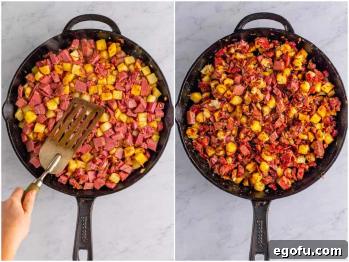 Homemade Corned Beef Hash 6 a collage of two photos: a spatula pressing down on the corned beef and potatoes in skillet; browned corned beef and potatoes in skillet.