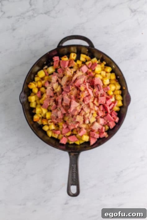 Homemade Corned Beef Hash 10 corned beef and seasonings added to potatoes in a large skillet.