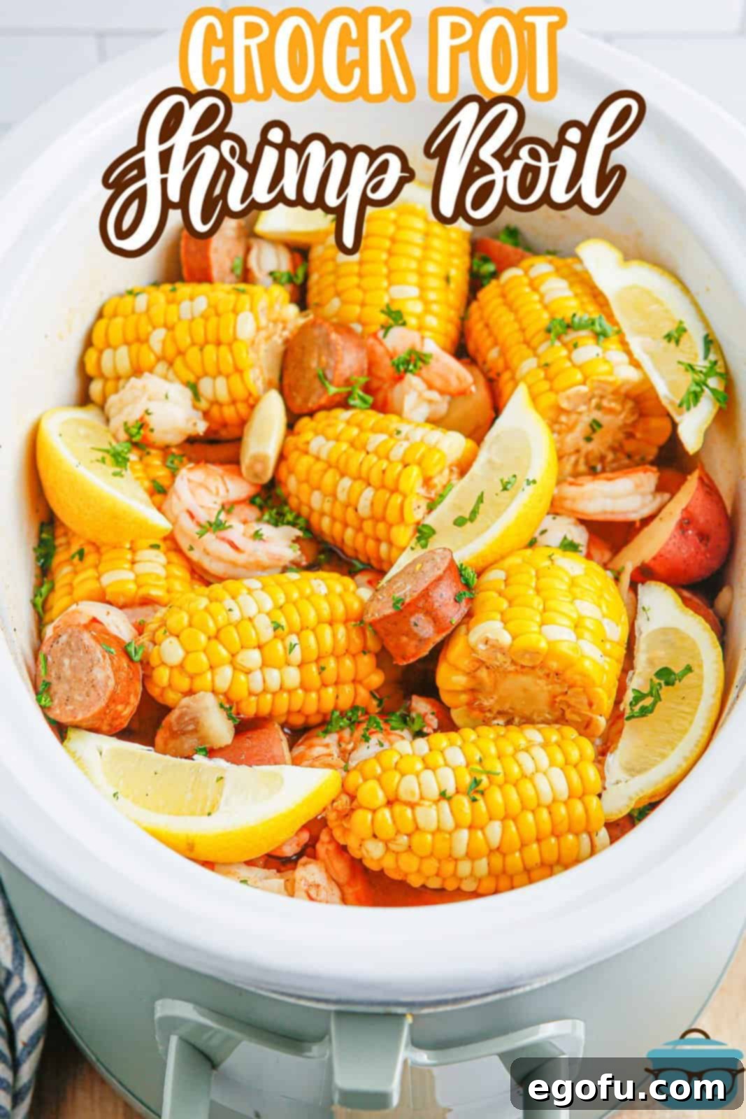 A white container of Shrimp Boil ready to serve.