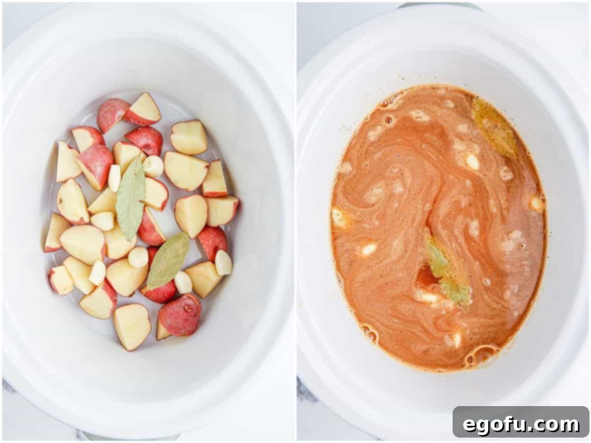 A collage of two photos: A white oval crock pot with potatoes, garlic cloves and bay leaves in the bottom; a mixture of water, Old Bay seasoning, hot sauce and lemon juice over the potatoes and bay leaves.