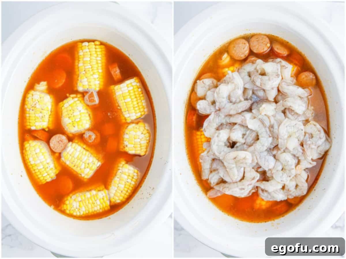 A collage of two photos: Ears of corn added to crock pot with liquid and potatoes; raw shrimp added to the crock pot with corn, liquid and potatoes.