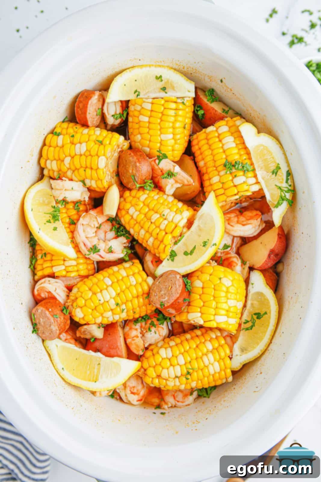 Shrimp on top of the rest of the Shrimp Boil in a Crockpot.