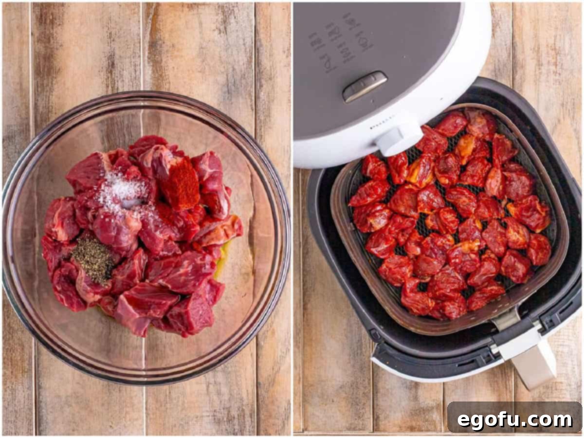collage of two photos: a clear bowl with raw steak bites, olive oil, salt, pepper, and paprika; an Air Fryer basket with raw seasoned steak bites.