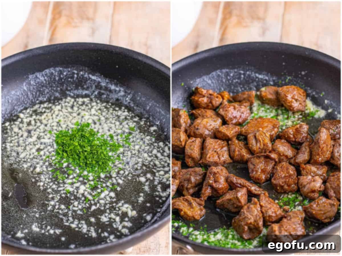 a collage of two photos: minced garlic, melted butter, and chopped parsley in a skillet; cooked steak bites added to garlic butter sauce in the skillet.