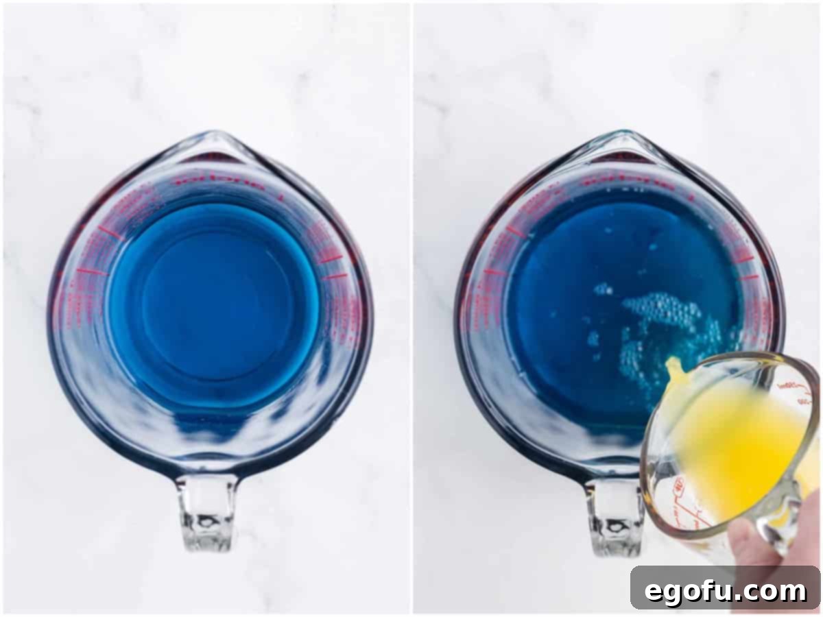 A two-part collage showing the process of making Jell-O shots: Berry Blue Jell-O being dissolved in boiling water, followed by pineapple juice and coconut rum being added to the blue mixture.