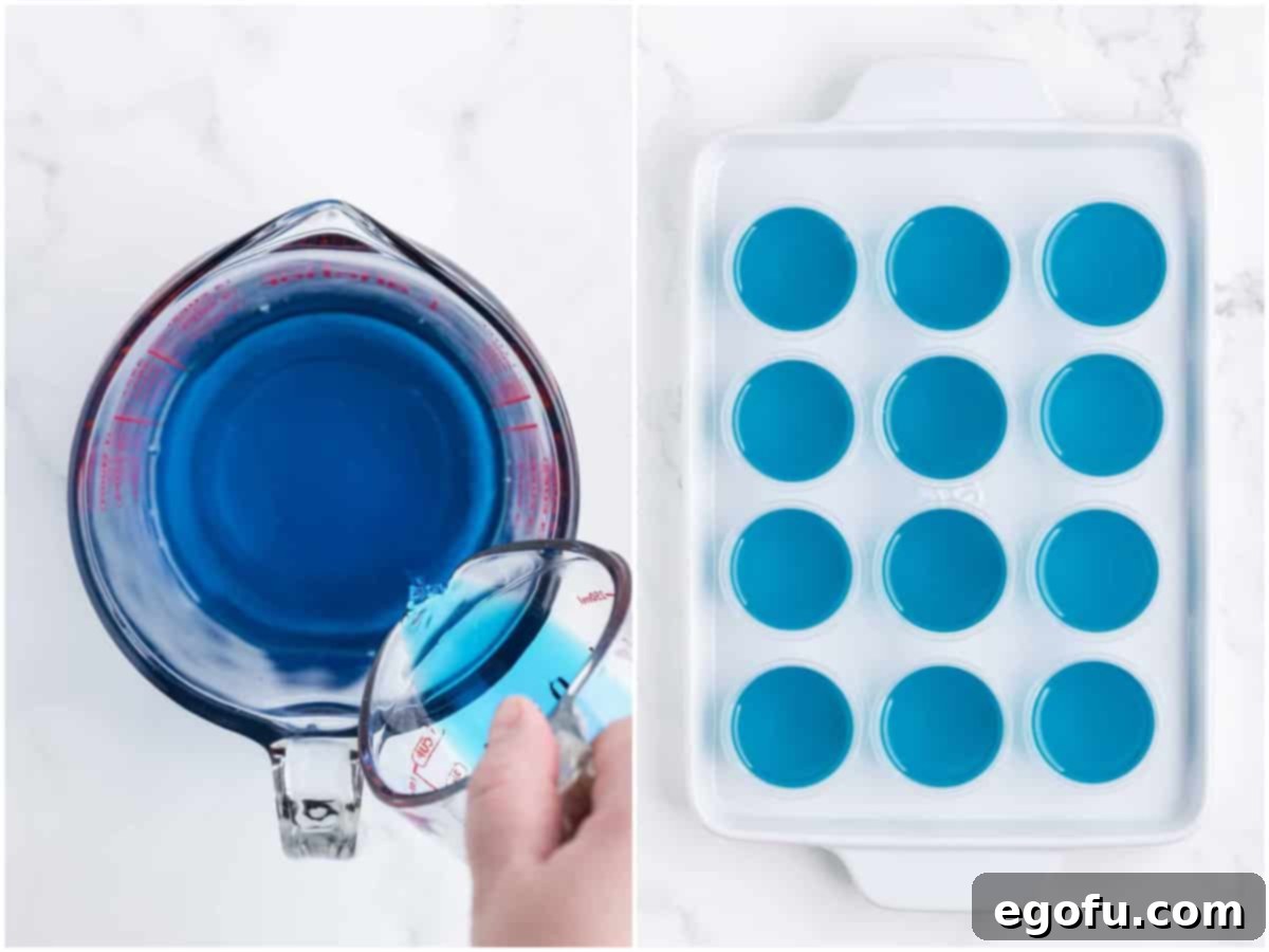 A two-part collage showing the process of making Jell-O shots: Blue curaçao being added to the Jell-O mixture, followed by filled blue Jell-O shot cups on a tray in the refrigerator.
