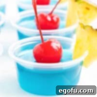 Close up looking at a Blue Hawaii Jello Shot.