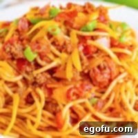 Looking closely at a hearty size portion of Cowboy Spaghetti.