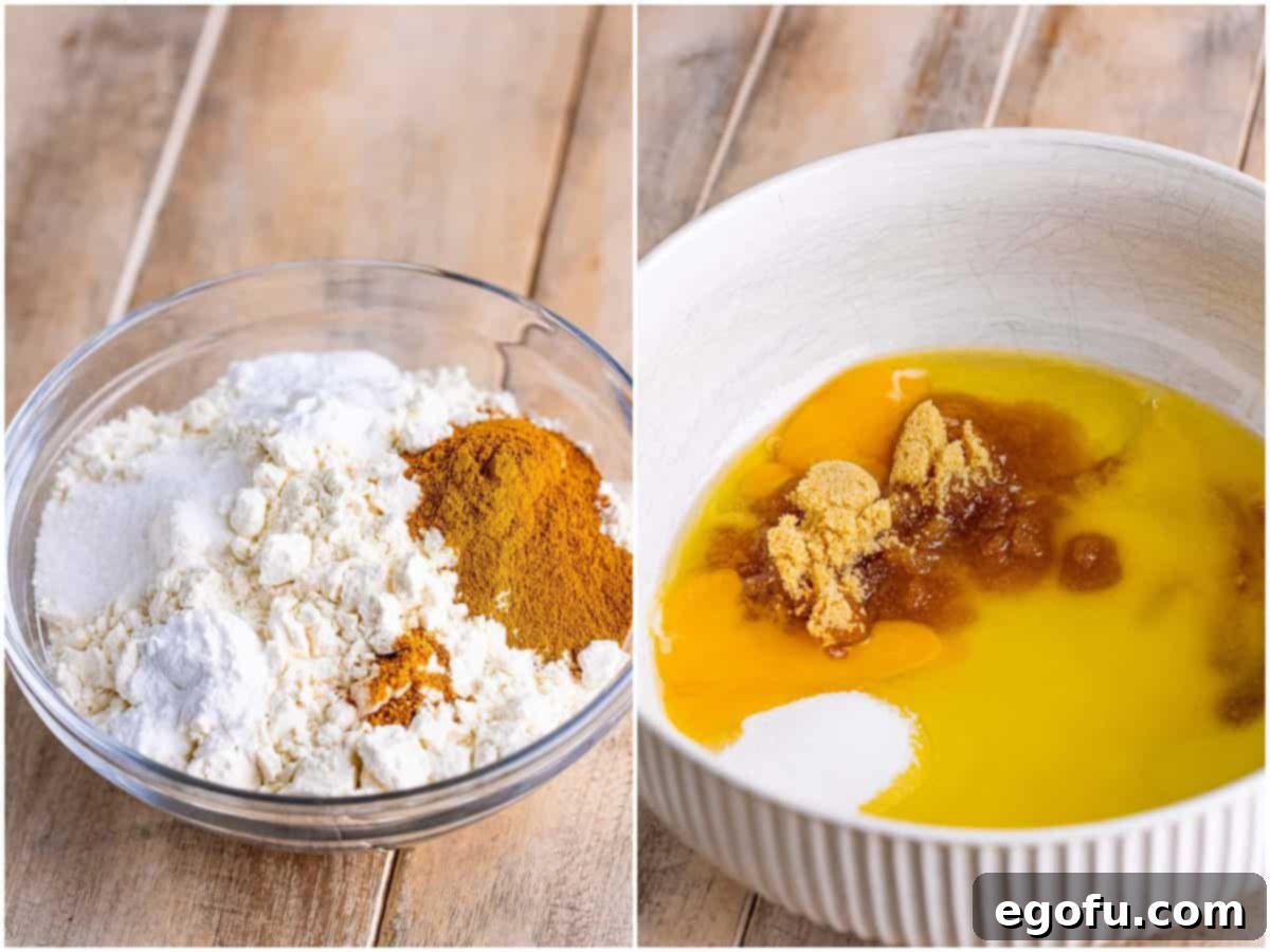 A collage of two photos: on the left, a mixing bowl filled with the dry ingredients (flour, salt, baking powder, baking soda, cinnamon, and nutmeg); on the right, a separate large mixing bowl with the wet ingredients (egg, egg yolk, oil, butter, brown sugar, granulated sugar, and vanilla) whisked until smooth.