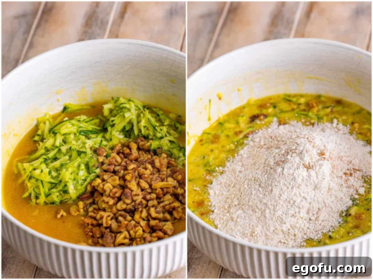 A collage of two photos: on the left, shredded zucchini and chopped walnuts are added to the bowl of wet ingredients; on the right, the dry flour mixture is then added to the wet zucchini mixture, being carefully stirred until just combined.
