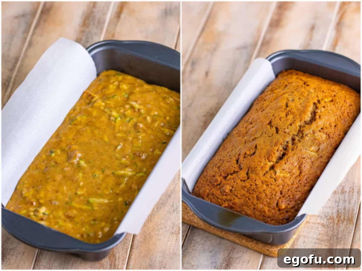 A collage of two photos: on the left, a parchment paper-lined loaf pan filled with the raw zucchini bread batter, smoothed and ready for the oven; on the right, the same loaf pan with a beautifully golden-brown, fully baked zucchini bread cooling inside.